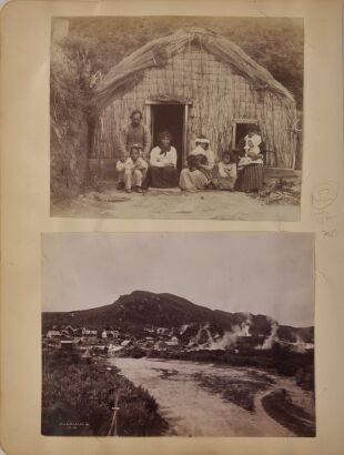 JOSIAH MARTIN An album page with four albumen photographs attributed to Josiah Martin, including "Whanau Infront of Whare, Ohinemutu Point"