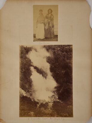 JOSIAH MARTIN A album page with two albumen photographs. Great Wairakei (Gyser) and two ladies