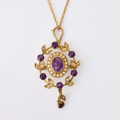 Victorian, 9ct Yellow Gold, Amethyst / Seed Pearl, Pendant/Brooch on 15ct Yellow Gold Chain
