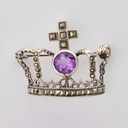 Silver, Antique Style, Amethyst / Marcasite Pendant / Brooch