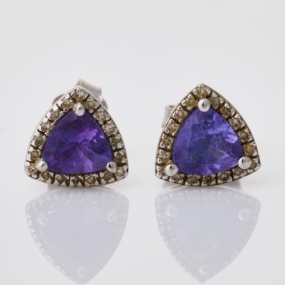 14ct White Gold, 0.18ct Diamond / Trilliant Cut Tanzanite Earrings