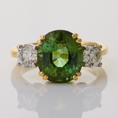 18ct Yellow / White Gold, 5.14ct Green Tourmaline / 1.00ct Diamond Three Stone Ring