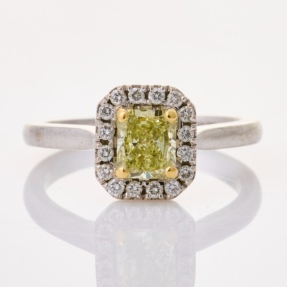 David Keefe, 18ct Yellow Gold, .74ct Radiant Diamond / .16ct Diamond Ring