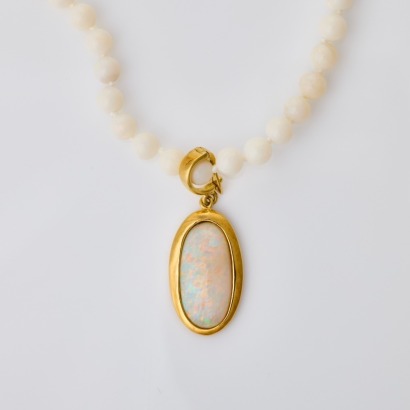 52cm Opal Bead Necklace with 18ct Yellow Gold, 4.20ct Opal Enhancer Pendant