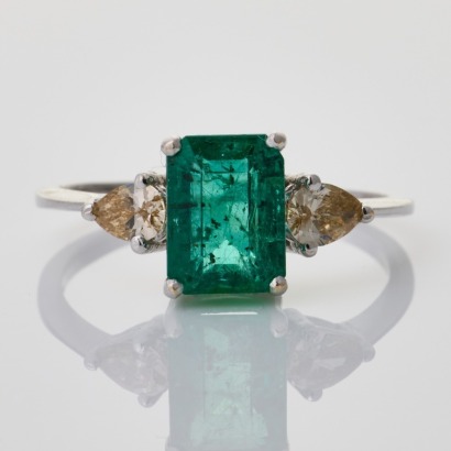 14ct White Gold, 1.53ct Emerald / .34ct Diamond Ring