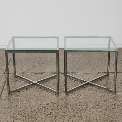 A Pair of Modernist Chrome and Glass Side Tables