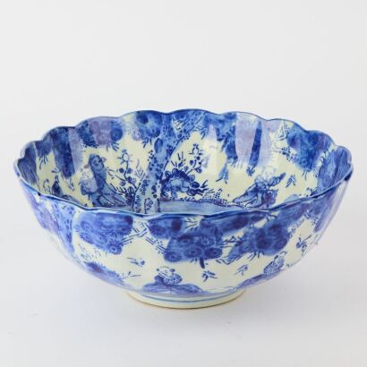 A Japanese Mid-20th Century Blue and White &lsquo;Figures&rsquo; Large Bowl