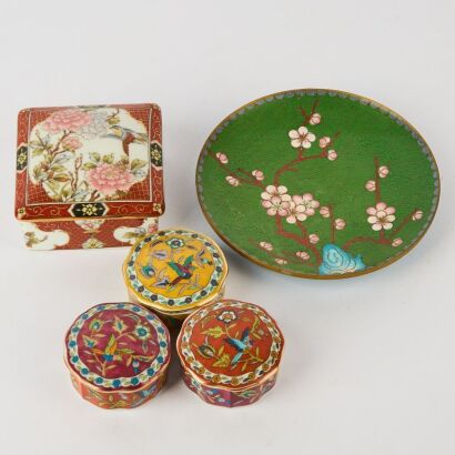 A Chinese 20th Century Cloisonn&eacute; Dish and Four Small Boxes