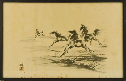 A Japanese 20th Century Embroidery AND A Chinese Ink Painting of Galloping Horses