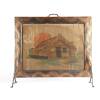 A Copper Beaten Fire Screen with Painted Whare Scene by Elbon Art