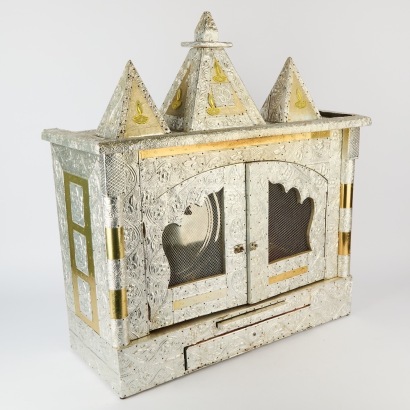 An Indian Embossed Metal Mandir Shrine Cabinet