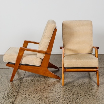 A Pair of 1950s Linear NZ Designed Rocket Style Rimu Armchairs