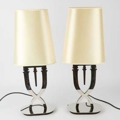 A Sculptural Mirrored Bedside Lamps Pair