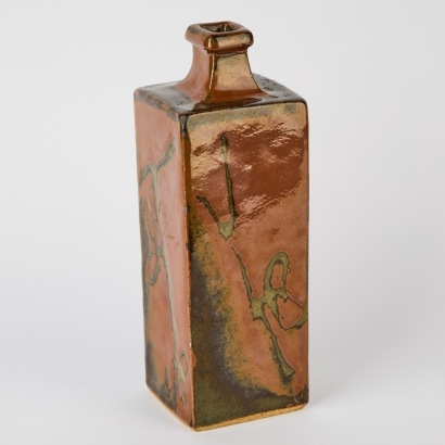 A Len Castle Stoneware Slab Bottle Form In A Wax Resist Tenmoku Glaze With His Iconic Blossom Decoration