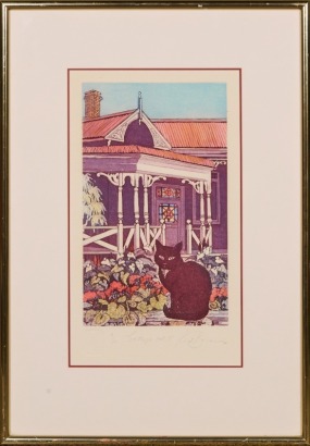 A Numbered 4/80 & Signed Limited Edition Etching Print Cottage Cat II By Karel Burrows