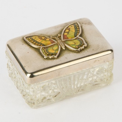 A Vintage Crystal and Aluminium Pill Box with Enamel Butterfly Motif