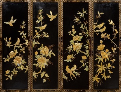 A Set of Four Black Mother of Pearl Lacquer Panels