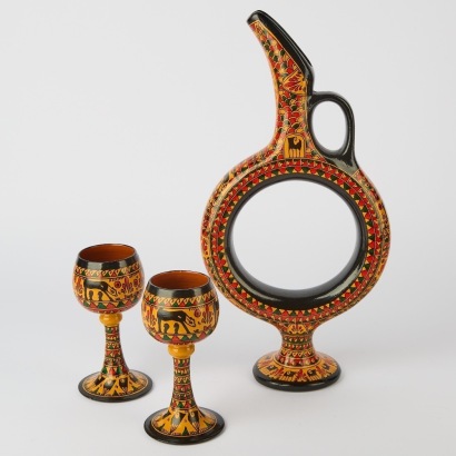 A Hittite Design Terracotta Wine Decanter and Cups, Made in Turkey