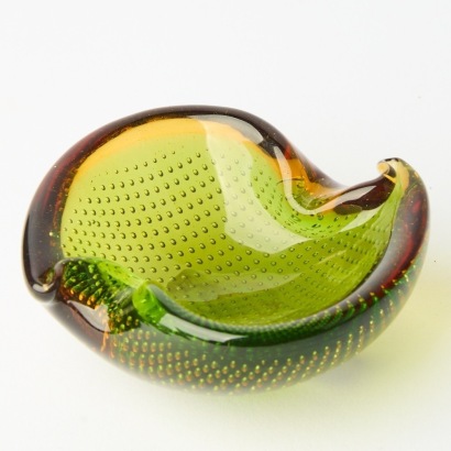 A Ferro Italarts Murano Green and Amber Bullicante Ashtray
