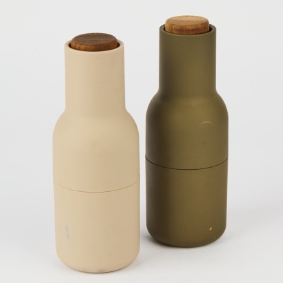 A Set of Audo Copenhagen Bottle Salt and Pepper MIls Green and Beige