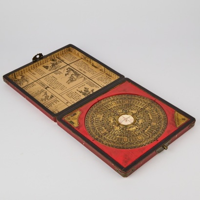 A Feng Shui Compass in Red Lacquer Box