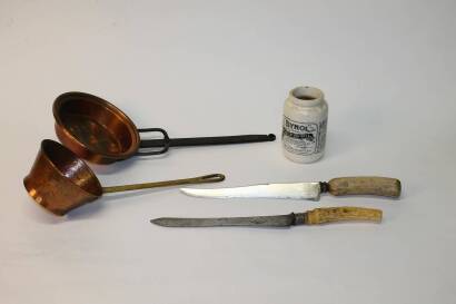 Two Copper and Brass Looking Utensils, Bynol Jar and Two Knives