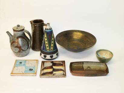 Eight Pieces of Art Pottery, Jugs, Tiles etc.