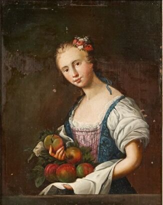 Oil Painting of a French Peasant Girl with Apples