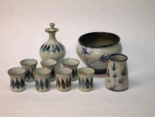 A Jane Capon Ceramic Decanter Set with 7 Beakers and 2 Others