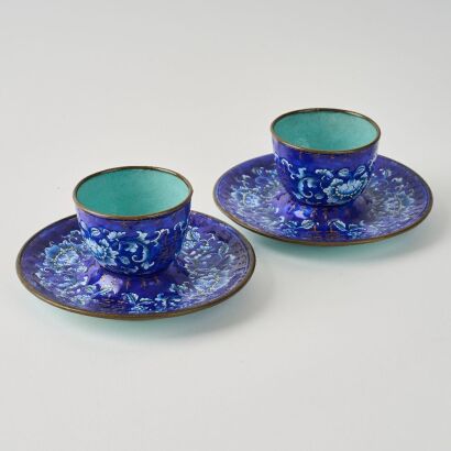 Two Sets of Chinese Mid-Qing Dynasty Copper-ground Painted Enamel &lsquo;Double Happiness&rsquo; Cups and Saucers