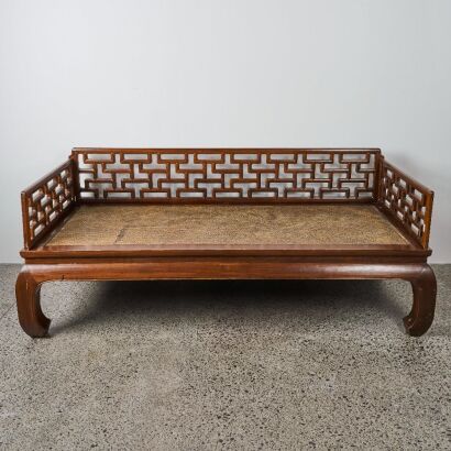 A Chinese 19th to Early 20th Century Aged Hardwood Luohan Bed with Rattan Seat