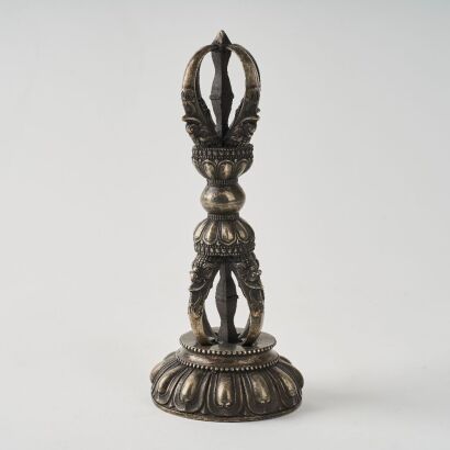 A Set of Chinese Tibetan Silver Vajra with Silver Stand