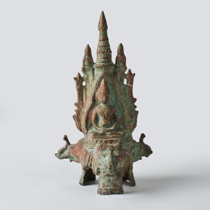 A Thai 10th Century Three-headed Elephant Base Stupa-form Buddhist Shrine Figure