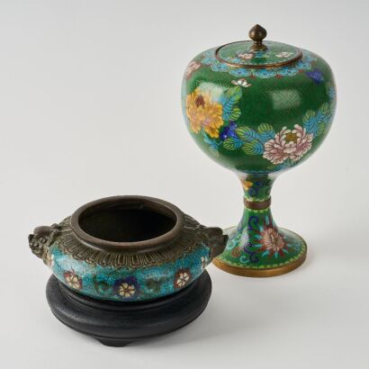 A Chinese Qing Dynasty Cloisonn&eacute; Enamel Handled Censer AND A Chinese Early 20th Century Cloisonn&eacute; Enamel &lsquo;Floral&rsquo; Dou
