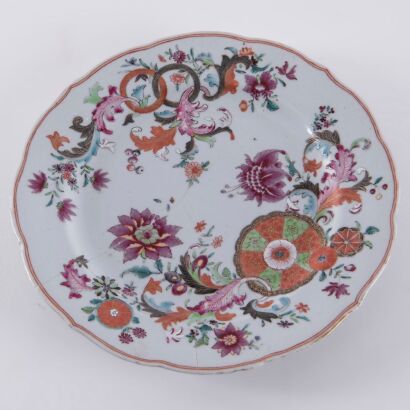 A Chinese 18th Century Mid -Qing Dynasty Export Famille-rose &lsquo;Pseudo Tobacco Leaf&rsquo; Porcelain Dish