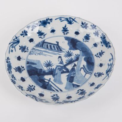 A Chinese Qing Dynasty Kangqi Blue and White ' Lady Figural' Lobed Dish