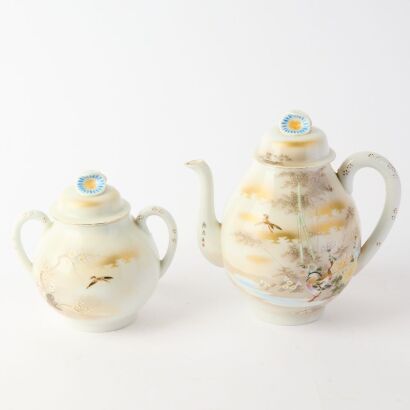 A Japanese Early to Mid-20th Century Kutani &lsquo;Birds and Flowers&rsquo; Porcelain Teapot and Milk Jug