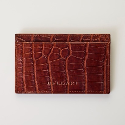 BVLGARI, Brown Crocodile Card Holder with Box