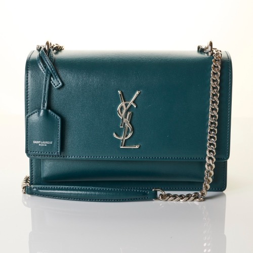 Saint Laurent, Dark Turquoise Grained Calfskin Medium Sunset Bag