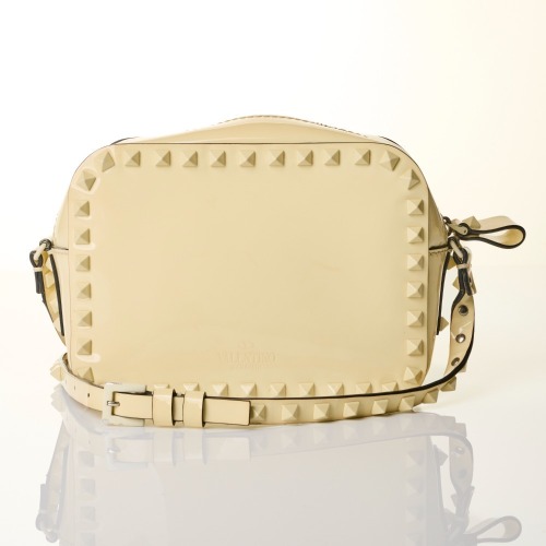 Valentino Garavani, Cream Patent Leather Rockstud Camera Bag, Size S