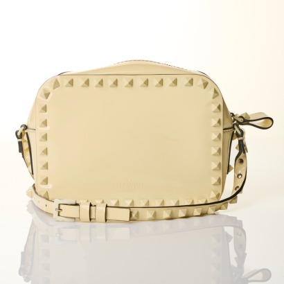 Valentino Garavani, Cream Patent Leather Rockstud Camera Bag, Size S