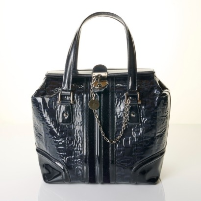 Gucci, Navy Patent Leather Horsebit Embossed Treasure Boston Bag