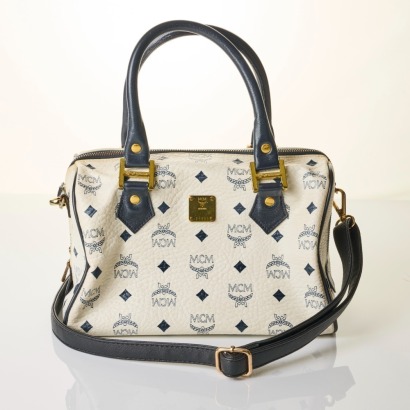 MCM, White / Dark Navy Monogram Boston Bag
