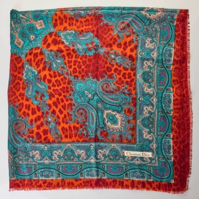 Christian Dior, 65% Wool / 35% Silk, Orange / Blue Shawl