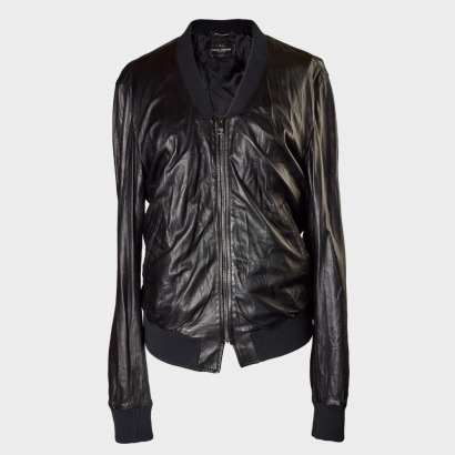 Dolce & Gabbana, Black Lambskin Leather Bomber Style Jacket, Size 52