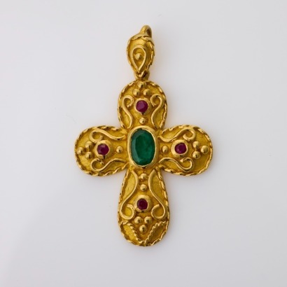 S. Georgios Collection, 18ct Yellow Gold, Emerald / Ruby, Byazntine Cross Pendant