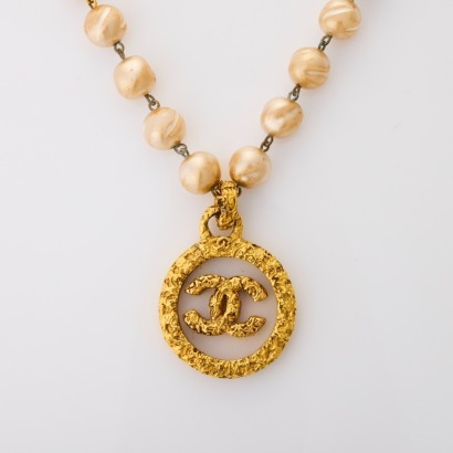 Chanel, Gold-plated, Faux Pearl / CC Logo Glass Pendant Necklace