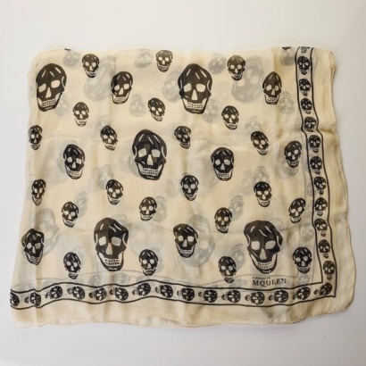 Alexander McQueen, 100% Silk, White / Black Skull Print Scarf