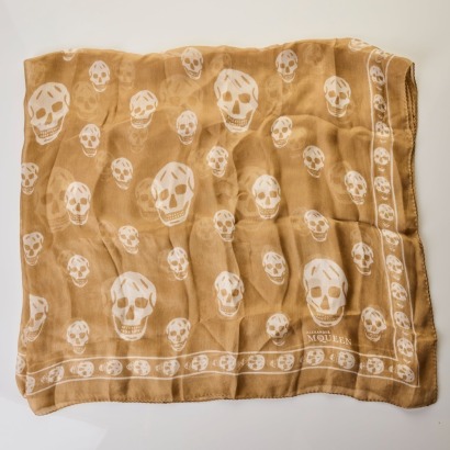 Alexander McQueen, 100% Silk, Camel / White Skull Print Scarf