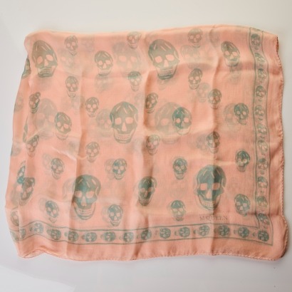 Alexander McQueen, 100% Silk, Pink / Green Skull Print Scarf